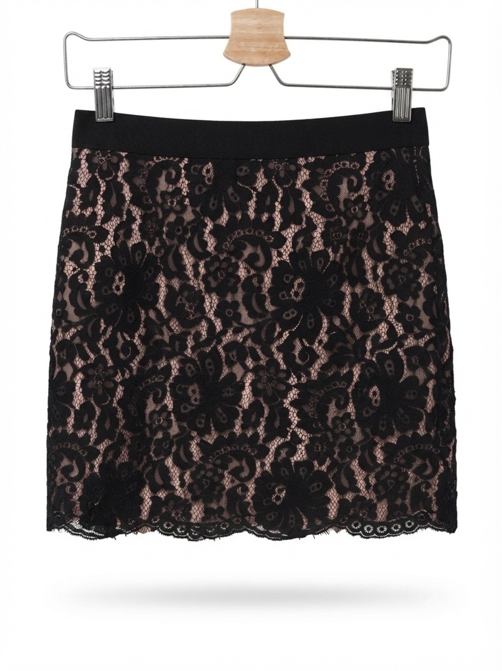 fresh Black Lace Mini Skirt with Nude Underlay